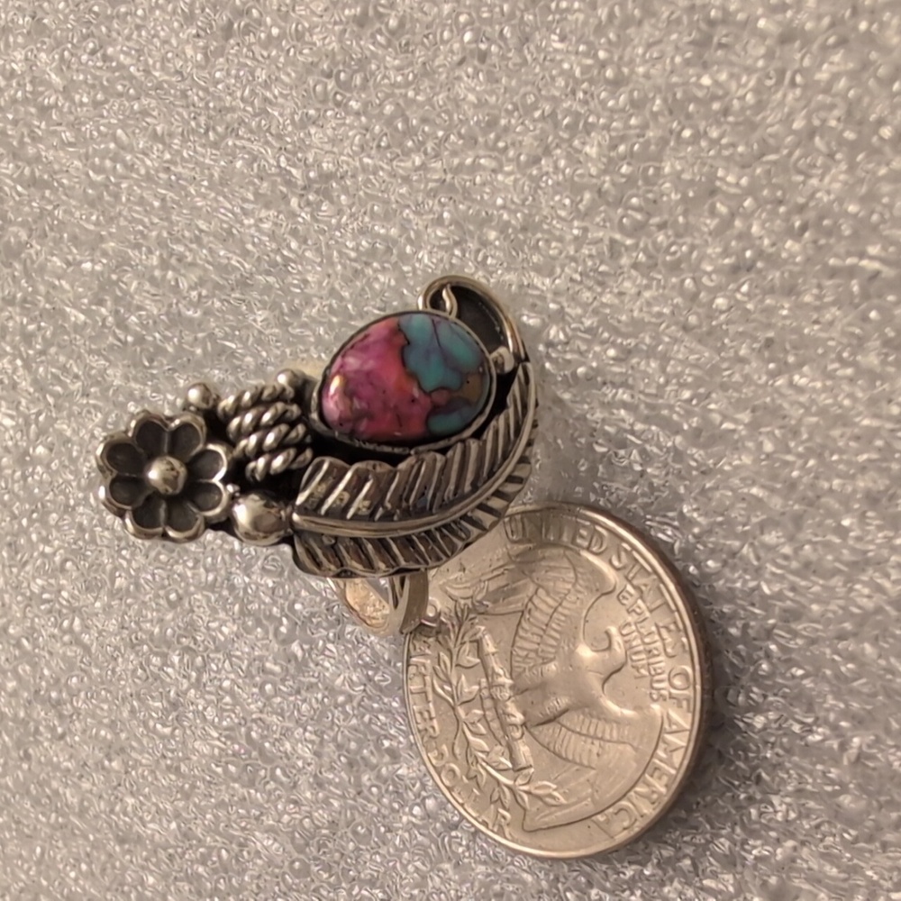 Sterling Silver Floral Feather Turquoise and Pink Stone Ring - Picture 5 of 8